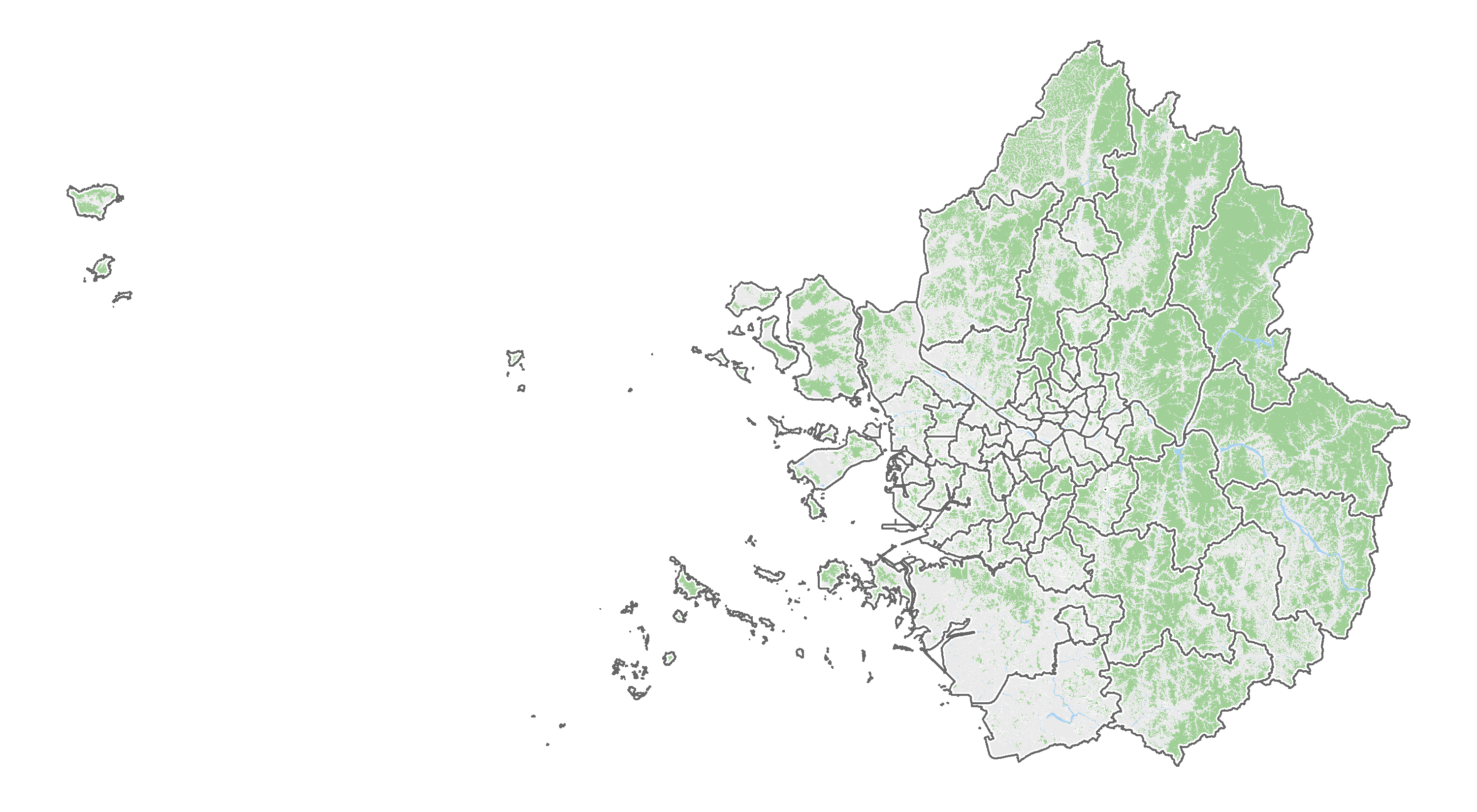 녹지, 산지, 수계, 도로를 표현한 수도권 지도
