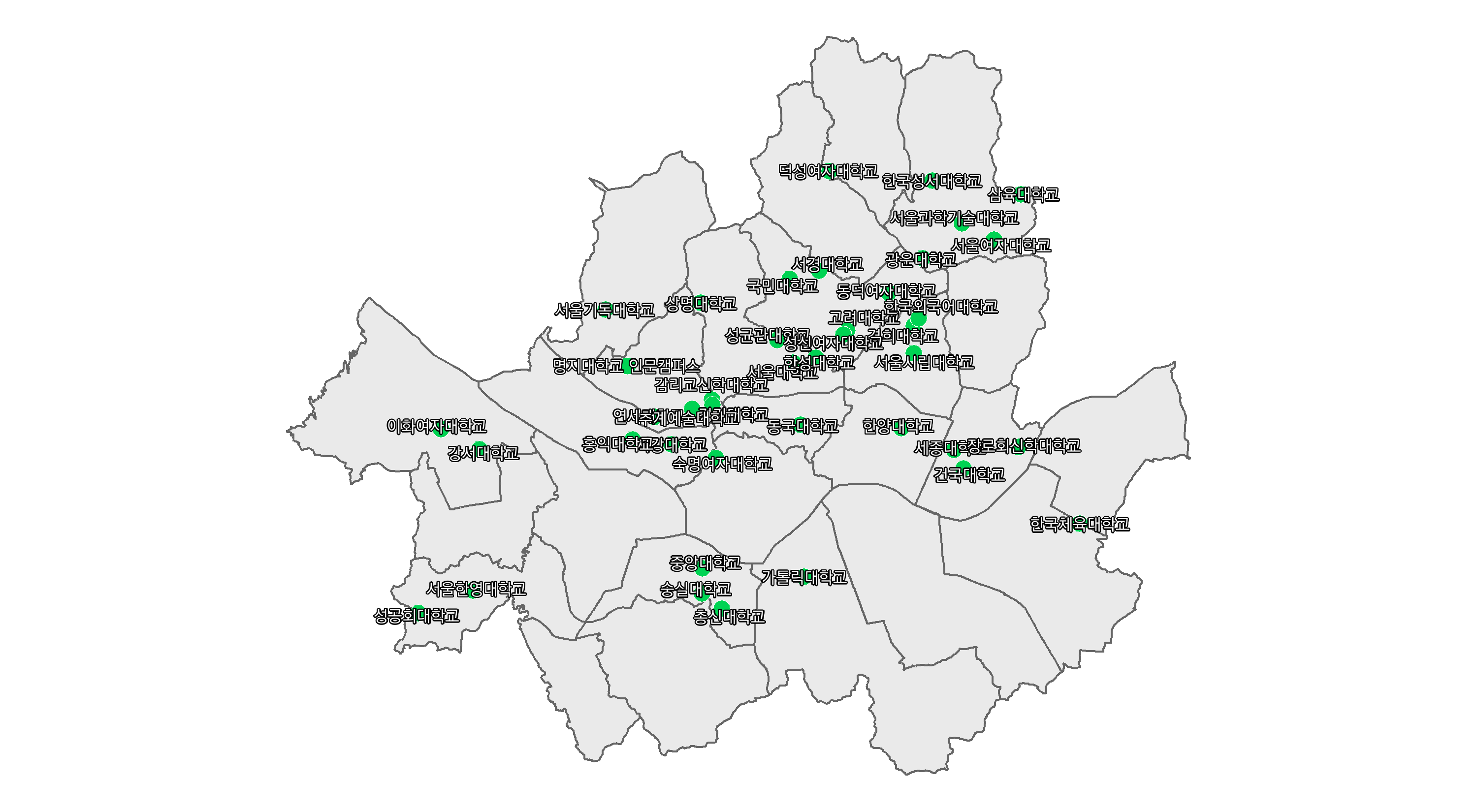 서울 소재 대학교 위치를 나타낸 지도
