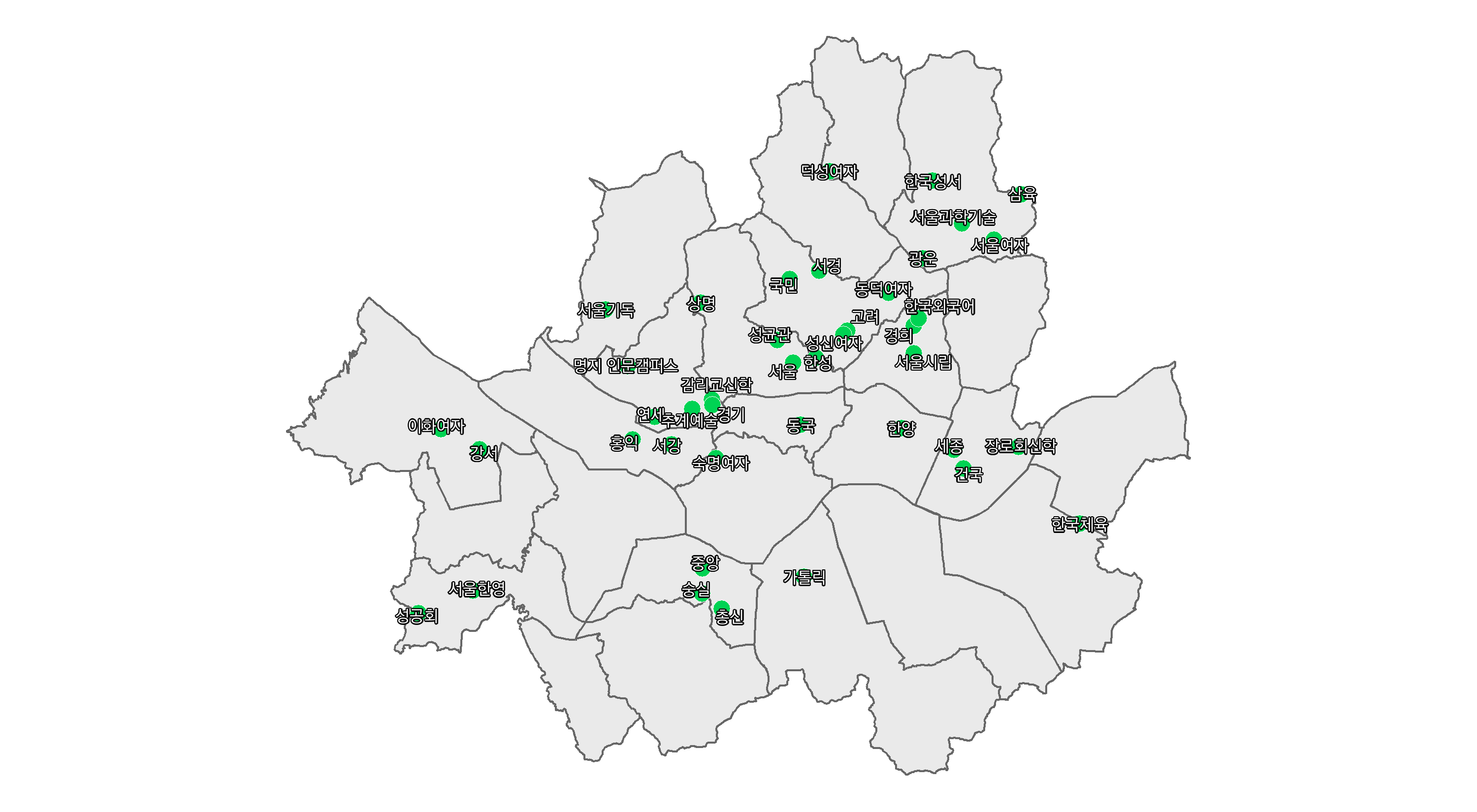 서울 소재 대학교 위치를 나타낸 지도 테마 수정